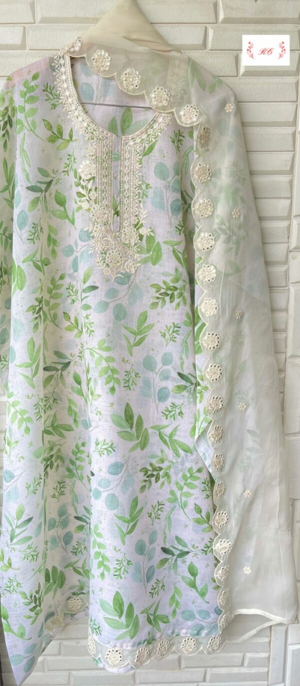 Pure Linen Cotton Printed With Mirror, Pathri & Resham Embroidery Suit