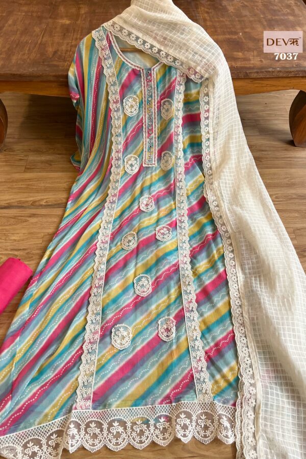 Pure Chinon Printed With Beautiful Organza Scalping, Thread & Mirror Work Suit 