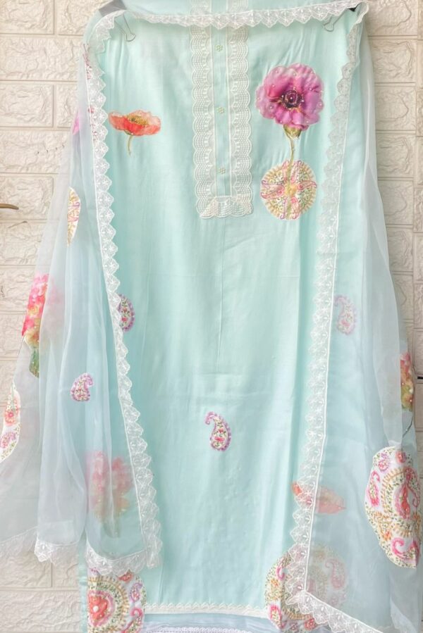 Linen With Elegant Patchwork Design, Pearl & Lace Work Highlighting Suit