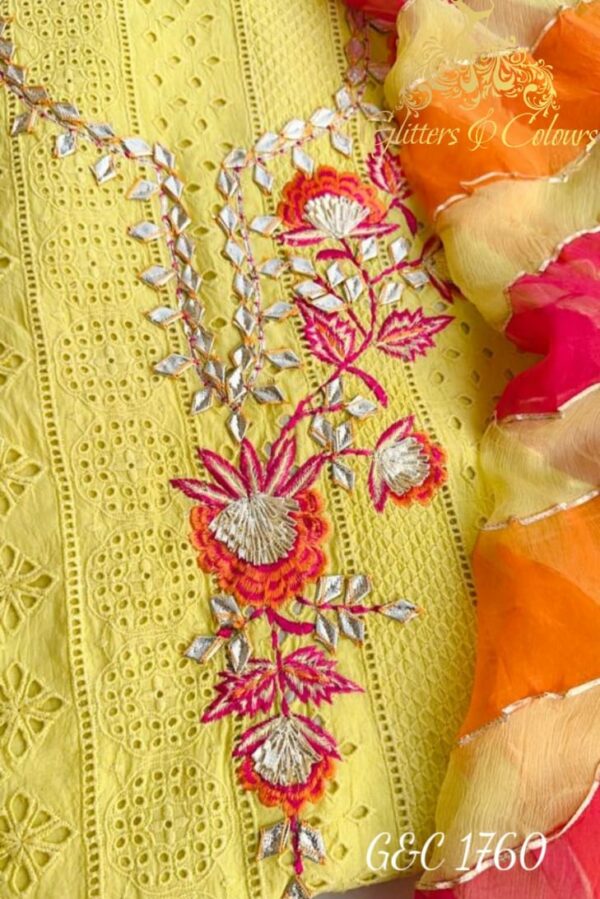 Pure Chickan Cotton With Beautiful Designer All Over Pattern Plus Gota Patti & Thread  Embroidery Suit