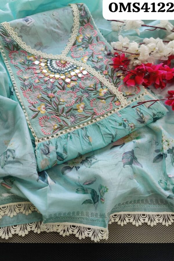Beautiful Pure Cotton Mirror Work Naira Cut Embroidery Suit