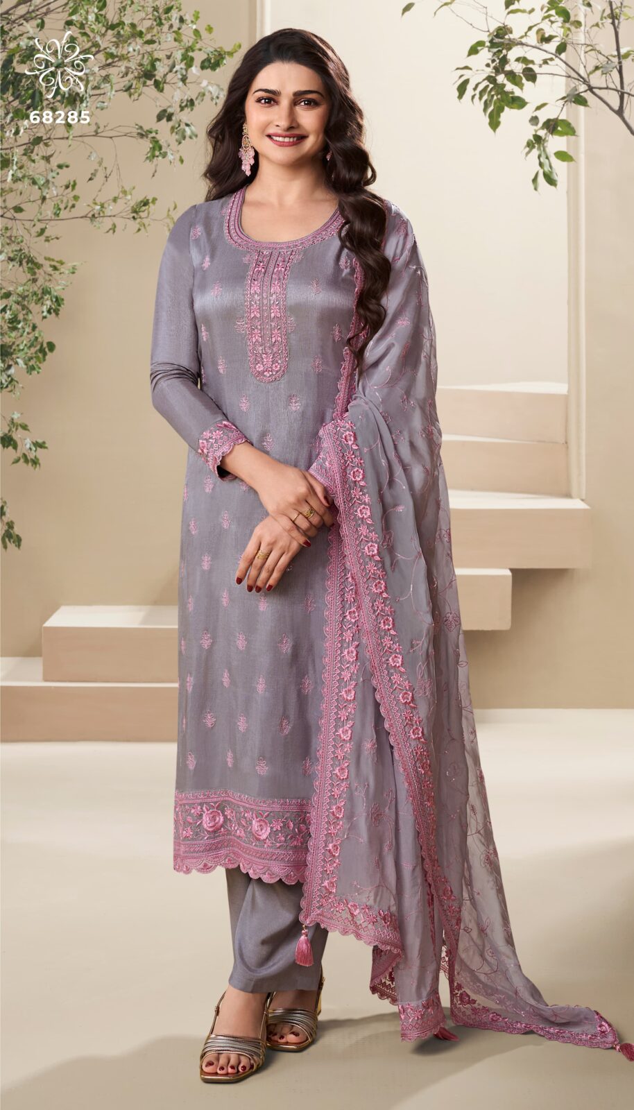 Vinay Nutan 68285 - Dola Silk With Contrast Thread Work Suit