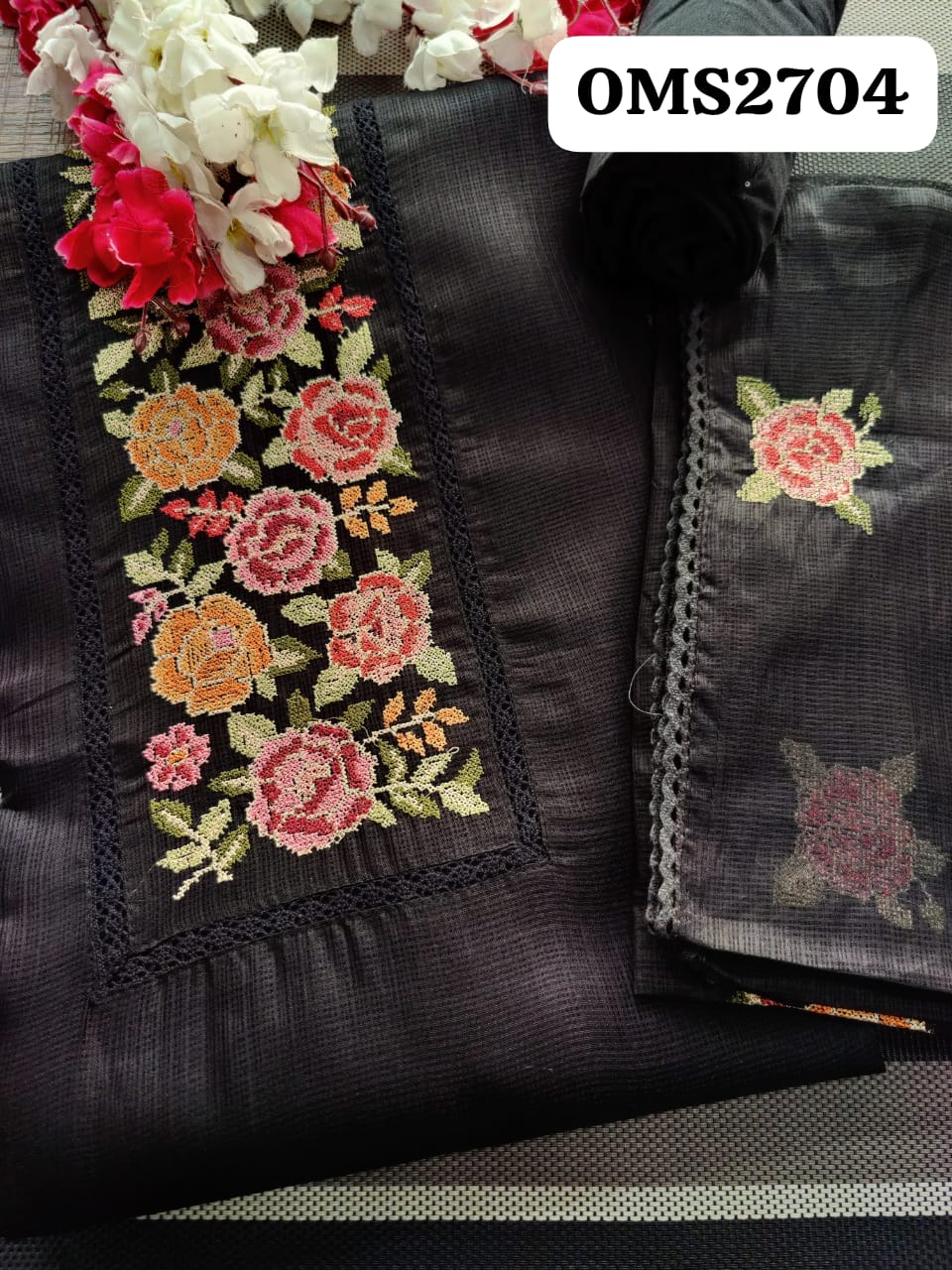 Beautiful Soft Kota Silk Cross Stitch Bird Embroidery Suit