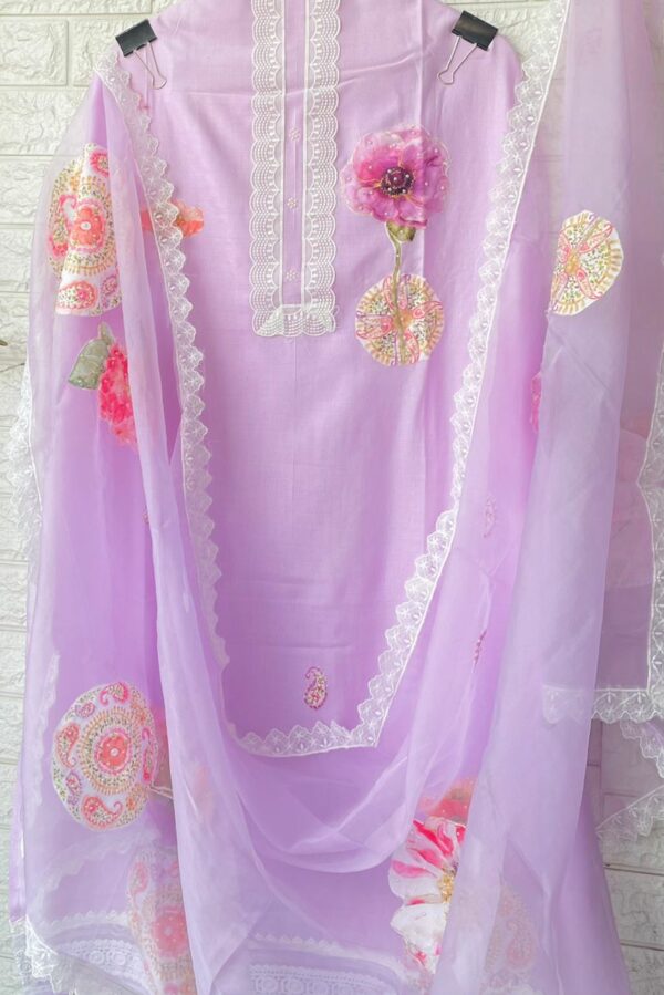 Linen With Elegant Patchwork Design, Pearl & Lace Work Highlighting Suit