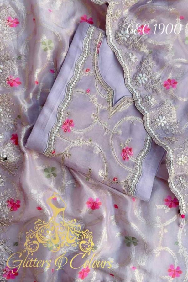 Pure Shimmer Silk Designer With Beautiful Designer Zari Weaved Tissue Patchwork Plus Hand Embroidery Suit
