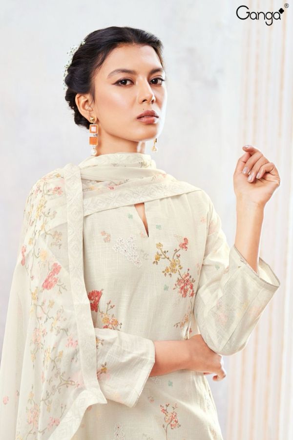 Ganga Emine 2532D - Premium Pure Linen Printed With Embroidery And Hand Work Suit