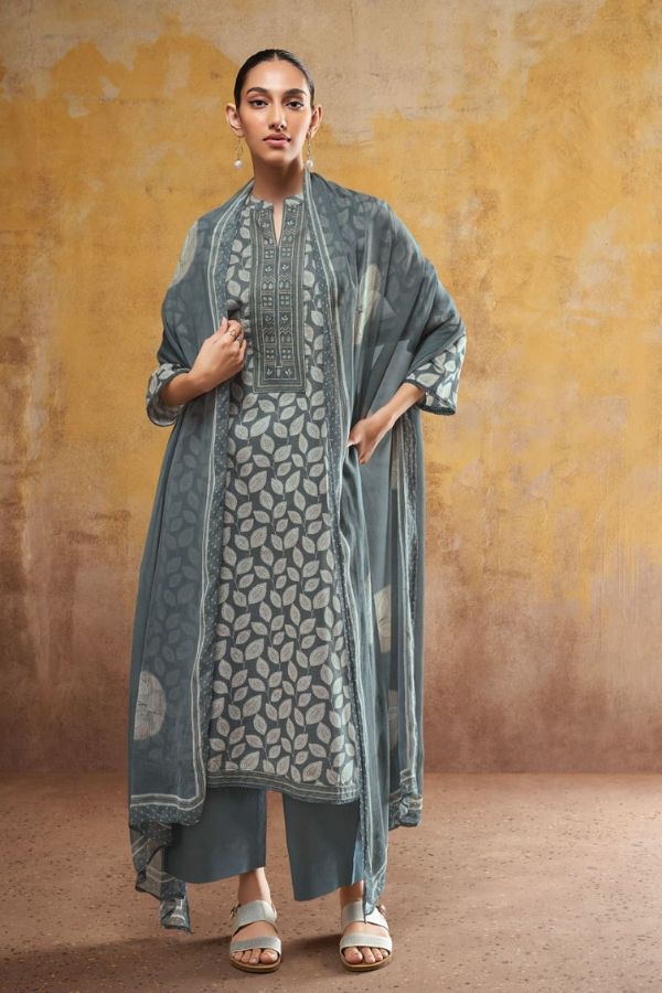 Ganga Jasmika B - Premium Cotton Linen Printed With Embroidery Lace On Daman And Neck Suit