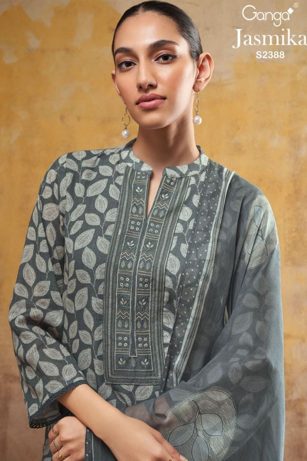 Ganga Jasmika B - Premium Cotton Linen Printed With Embroidery Lace On Daman And Neck Suit