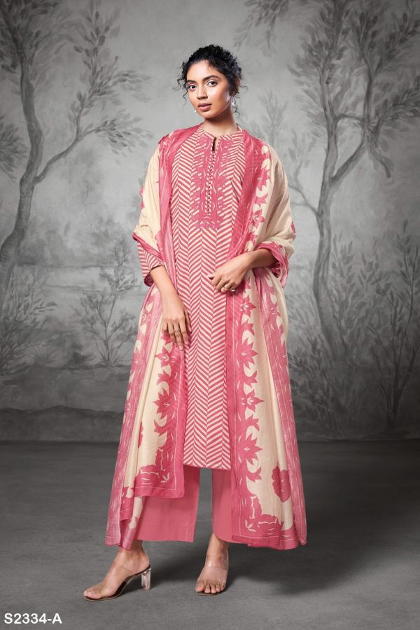 Ganga Jinisha S2334D - Premium Cotton Linen Printed With Embroidery And Cotton Lace Suit