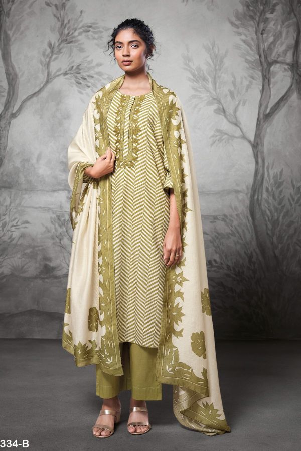 Ganga Jinisha S2334D - Premium Cotton Linen Printed With Embroidery And Cotton Lace Suit