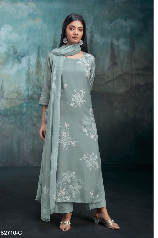 Ganga Kiah 2710D - Premium Linen Jacquard With Handwork And Cotton Lace Suit