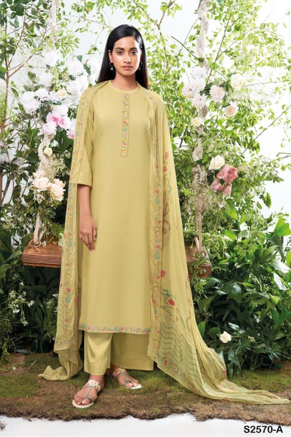Ganga Pavika 2570D - Premium Cotton Silk Solid Printed Neck And Daman Border Suit