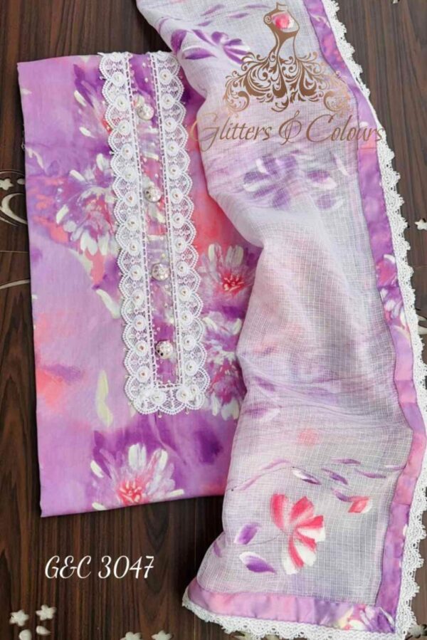 Pure Soft Cotton With Beautiful Print Plus Crochet Detailing Suit