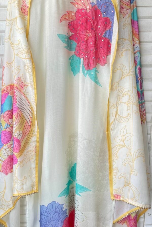 Muslin Printed With Mirror, Zari & Resham Embroidery Suit
