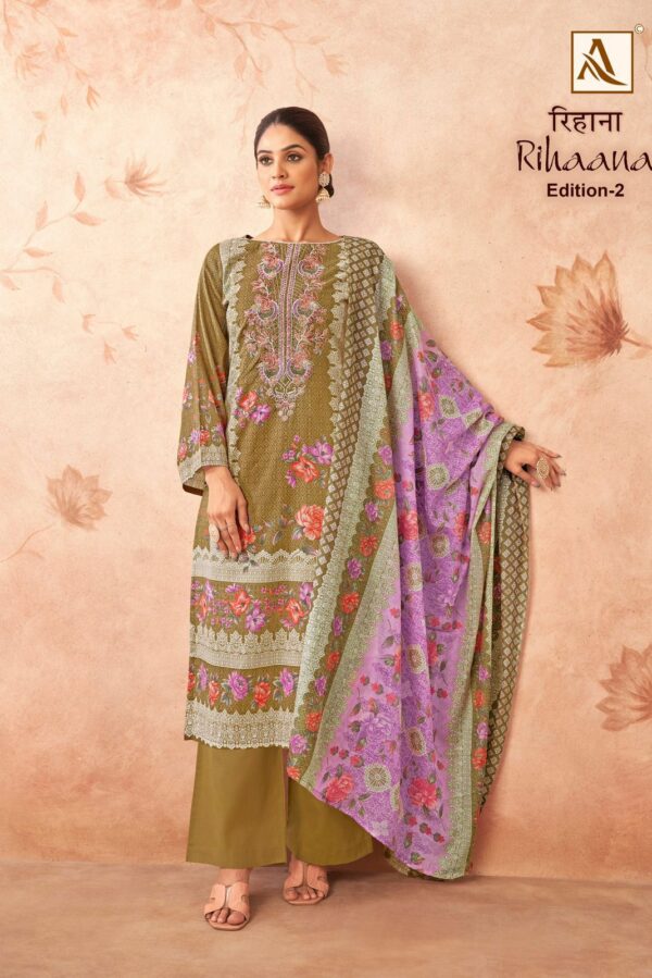 Alok Rihaana 008 - Pure Cambric Cotton Pakistani Print With Fancy Embroidery Suit