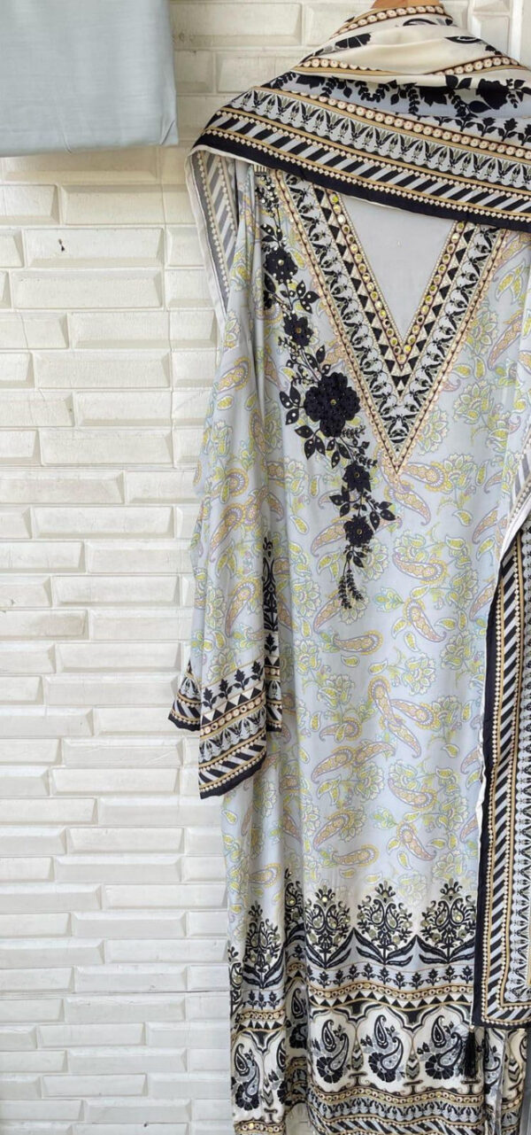 Muslin Printed With Mirror Work Sequence Pearl Swarovski Embroidery Suit