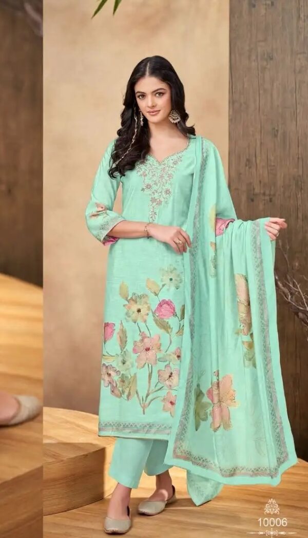 Salvi Linen Silk 10006 - Linen Silk With Digital Print With Embroidery Work Suit